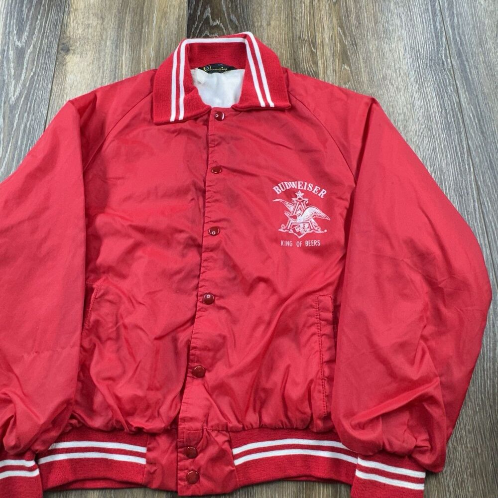 Vintage Budweiser Jacket Mens L Red Champion Running Man Beer Bar Bomber 60s USA
